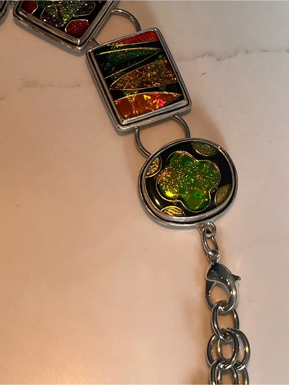 Vintage chicos dichroic art glass chain belt.  Silver tone chain.